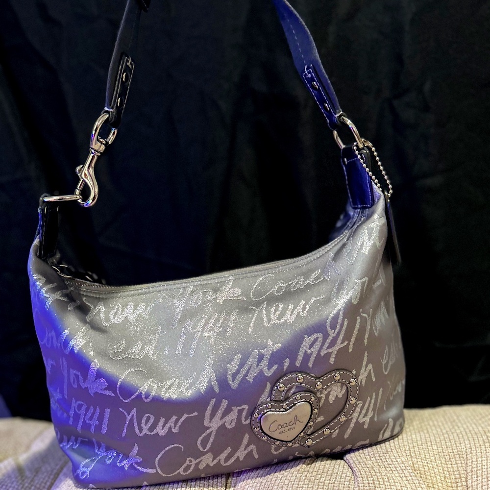 Coach Signature Script Lurex Hobo Silver Gray Bag NWT